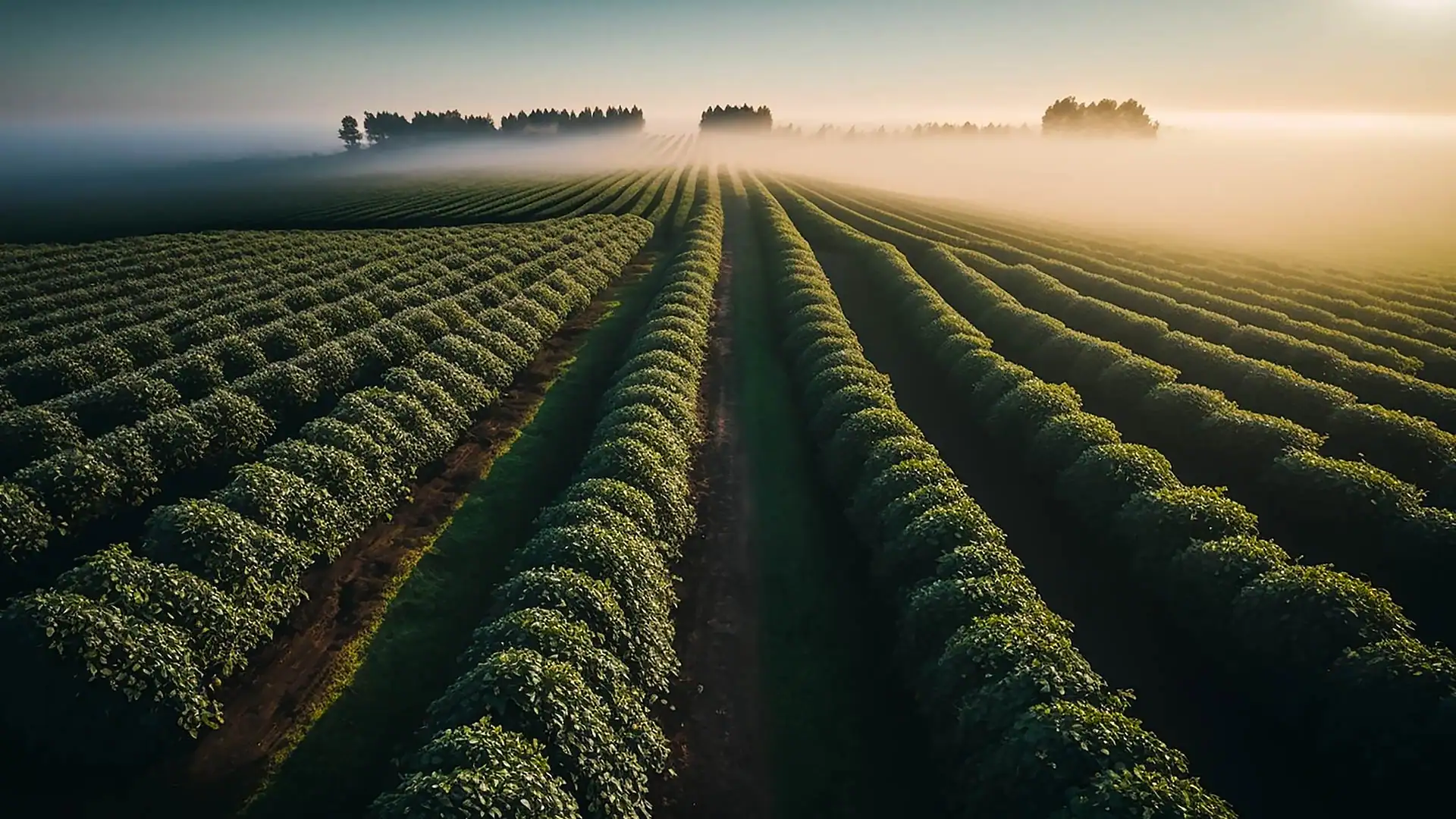 Schwarze Johannisbeerplantage in Frankreich Weitläufige Plantage mit schwarzen Johannisbeersträuchern, die in langen Reihen gepflanzt sind