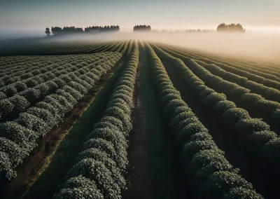 großes Feld mit Sträuchern der Schwarzen Johannisbeeren aus leicht erhöhter Perspektive. Teilweise liegen Nebelschwaden über dem Feld.