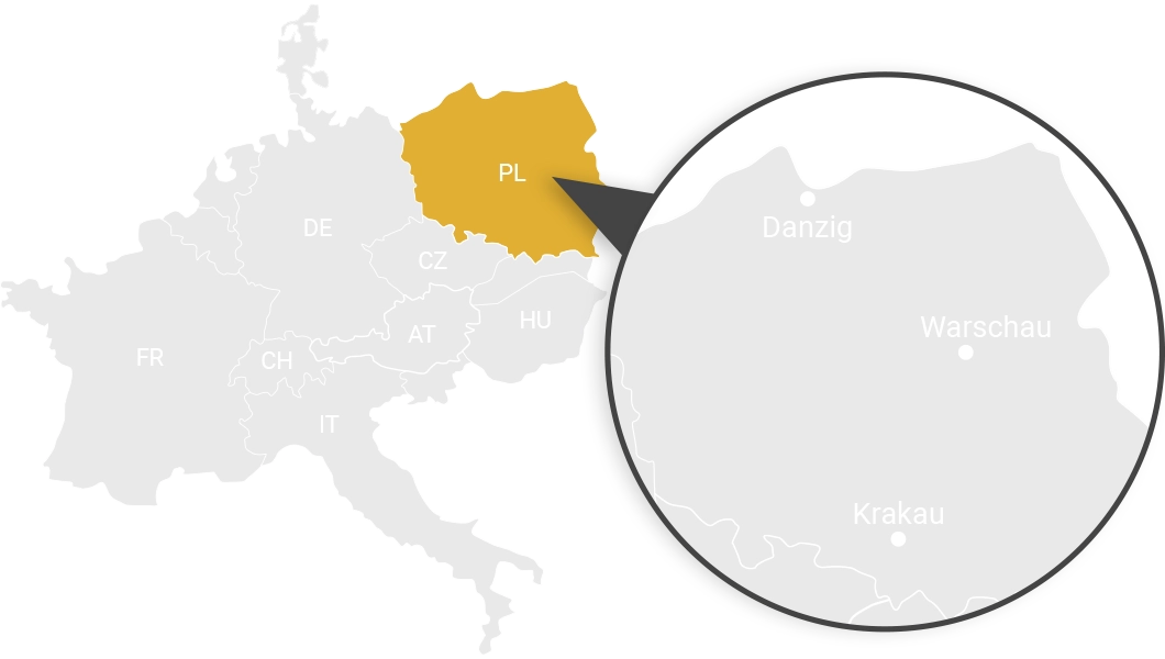 Anbaugebiet Polen Zellschutz Herz Kreislauf Blutgefäße Illustrierte Karte von Mittel- und Südeuropa. Gelb hervorgehoben ist das Land Polen. Eine stilistische Lupe zeigt das Gebiet um Danzig, Warschau und Krakau vergrößert, die das Anbaugebiet der Sauerkirschen umfasst.