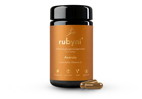 rubyni® Acerola – natürliches Vitamin C in Bioqualität Dunkles Glasfläschchen rubyni Acerola – veganes, glutenfreies und biologisches Nahrungsergänzungsmittel mit natürlichem Vitamin C auf weißem Hintergrund