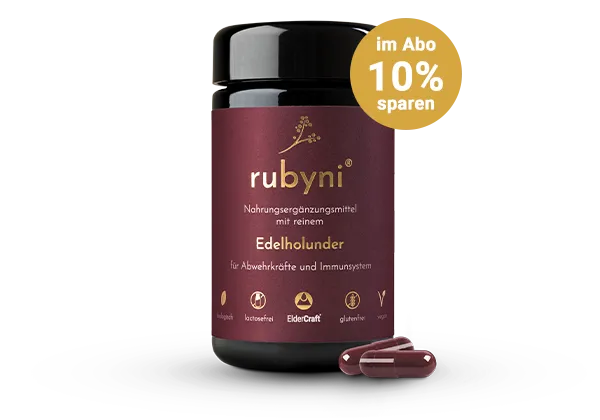 rubyni® Edelholunder – Immunschutz mit 10% Abo-Vorteil rubyni® Edelholunder im dunklen Glasfläschchen mit zwei Kapseln auf weißem Hintergrund – Nahrungsergänzungsmittel zur Unterstützung von Abwehrkräften und Immunsystem, vegan und glutenfrei, biologisch; goldene Plakette mit Hinweis „10 % im Abo sparen“