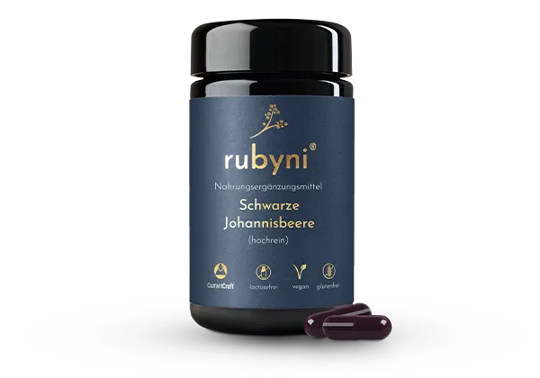 rubyni Schwarze Johannisbeere – vegan & glutenfrei Dunkles Glasfläschchen rubyni Schwarze Johannisbeere – veganes, glutenfreies Nahrungsergänzungsmittel auf weißem Hintergrund