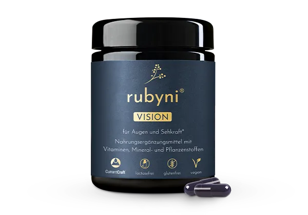 rubyni® VISION – gezielte Unterstützung für Augen & Sehkraft Dunkles Glasfläschchen rubyni® VISION auf weißem Hintergrund – veganes, glutenfreies Nahrungsergänzungsmittel für Augen und Sehkraft mit Vitaminen, Mineralstoffen und Pflanzenextrakten