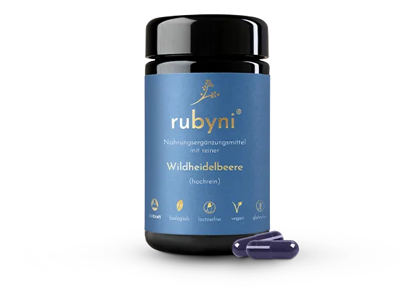 rubyni® Wildheidelbeere – biologisch, vegan & glutenfrei Dunkles Glasfläschchen rubyni Wildheidelbeere – veganes, glutenfreies und biologisches Nahrungsergänzungsmittel auf weißem Hintergrund