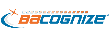 Logo Bacognize Wortbildmarke Logo Bacognize in Orange, Blau und Weiß auf schwarzem Grund