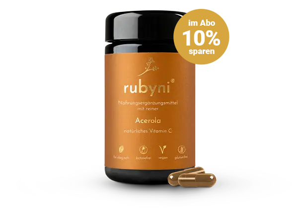 rubyni-acerola-im-abo Dunkles Glsd-Fläschchen rubyni Acerola mit zwei braunen Kapseln als 10%-Abo