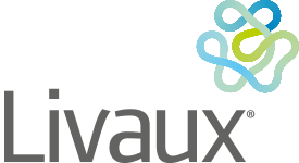 Livaux® Logo in grau Logo Livaux – graue Wortmarke mit einer blaugrünen stilistischen geschwungenen Linie