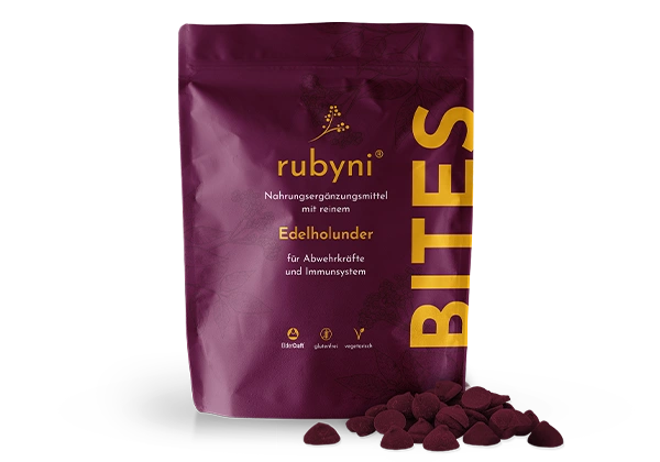 rubyni BITES Edelholunder für Abwehrkräfte und Immunsystem rubyni BITES Edelholunder – Tagesdosis für Immunsystem und Abwehrkräfte im dunkelroten Beutel auf weißem Hintergrund