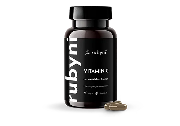 rubyni Vitamin C – vegan & biologisch Dunkles PET-Fläschchen rubyni Vitamin C mit zwei braunen Kapseln