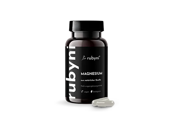 rubyni Magnesium – vegan & biologisch Dunkles PET-Fläschchen rubyni Magnesium mit zwei weißen Kapseln