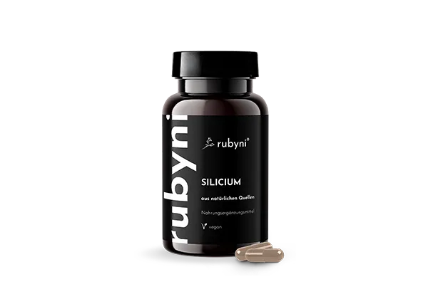 rubyni Silicium – vegan & natürlich Dunkles PET-Fläschchen rubyni Silicium mit zwei hellbraunen Kapseln