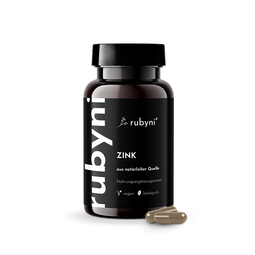 rubyni Zink – vegan & biologisch Dunkles PET-Fläschchen rubyni Zink mit zwei braunen Kapseln