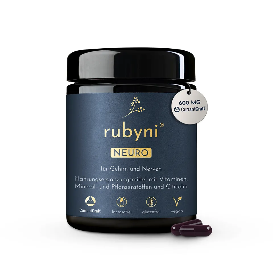 rubyni® NEURO im Glas mit dunkelblauem Etikett mit dem Hinweis auf Vitaminen, Mineral- und Pflanzenstoffen und Citicolin für Gehirn und Nerven.