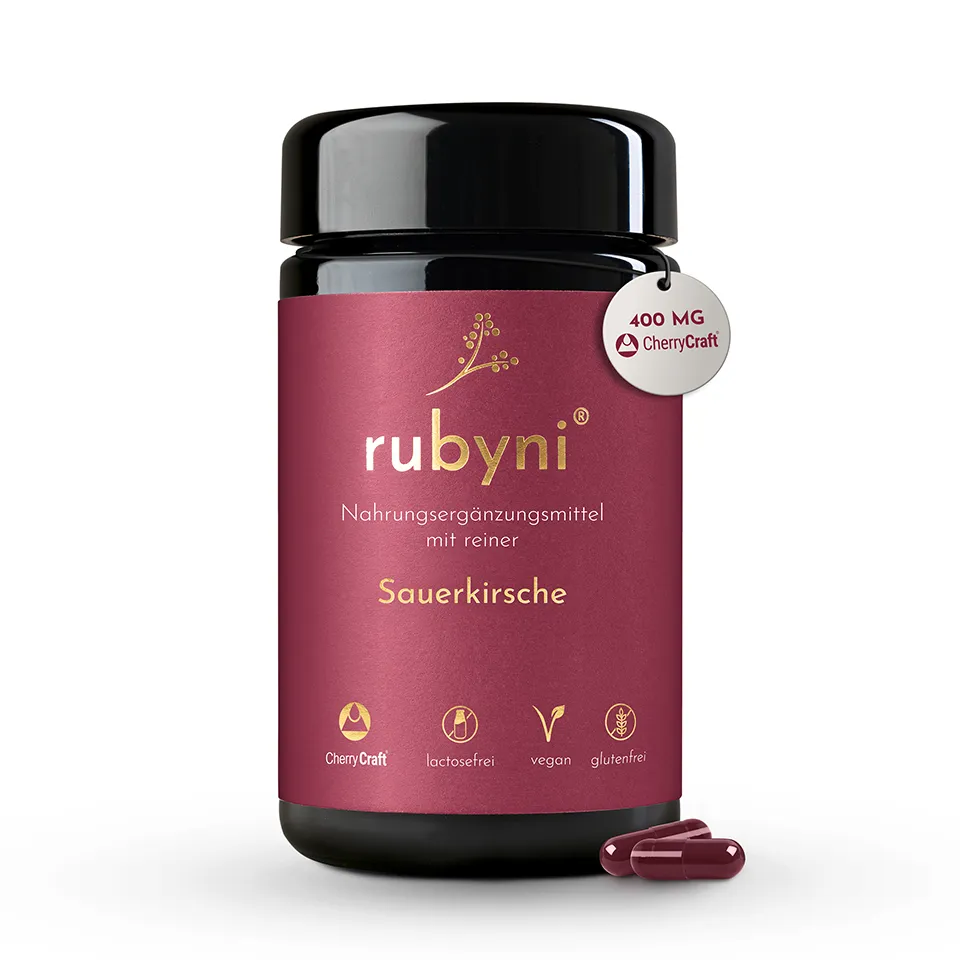 Nahrungsergänzungsmittel rubyni® Sauerkirsche im Glas mit rotem Etikett und Hinweis auf das verwendete Extrakt CherryCraft