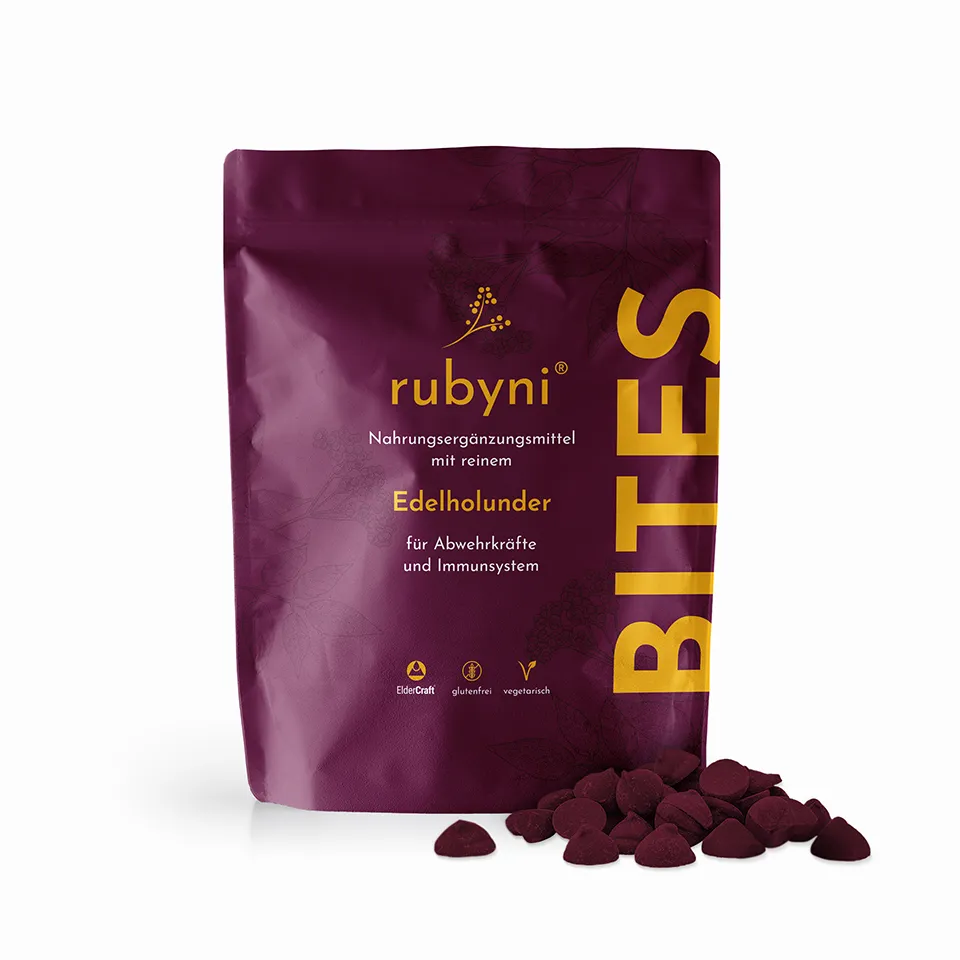 rubyni® Edelholunder im Glas mit dunkelrotem Etikett, Hinweis auf ElderCraft-Extrakt zur Unterstützung von Abwehrkräften und Immunsystem