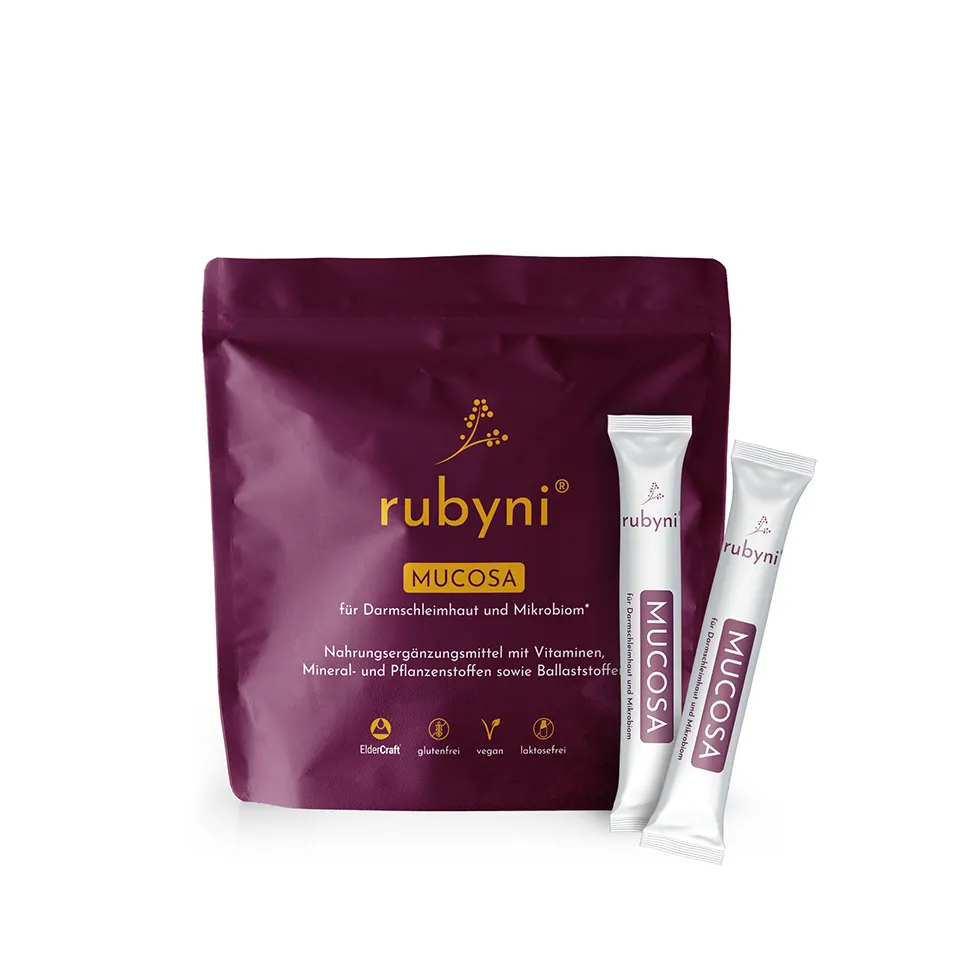 Zwei weiße Sachets mit rubyni® MUCOSA für Darmschleimhaut und Mikrobiom
